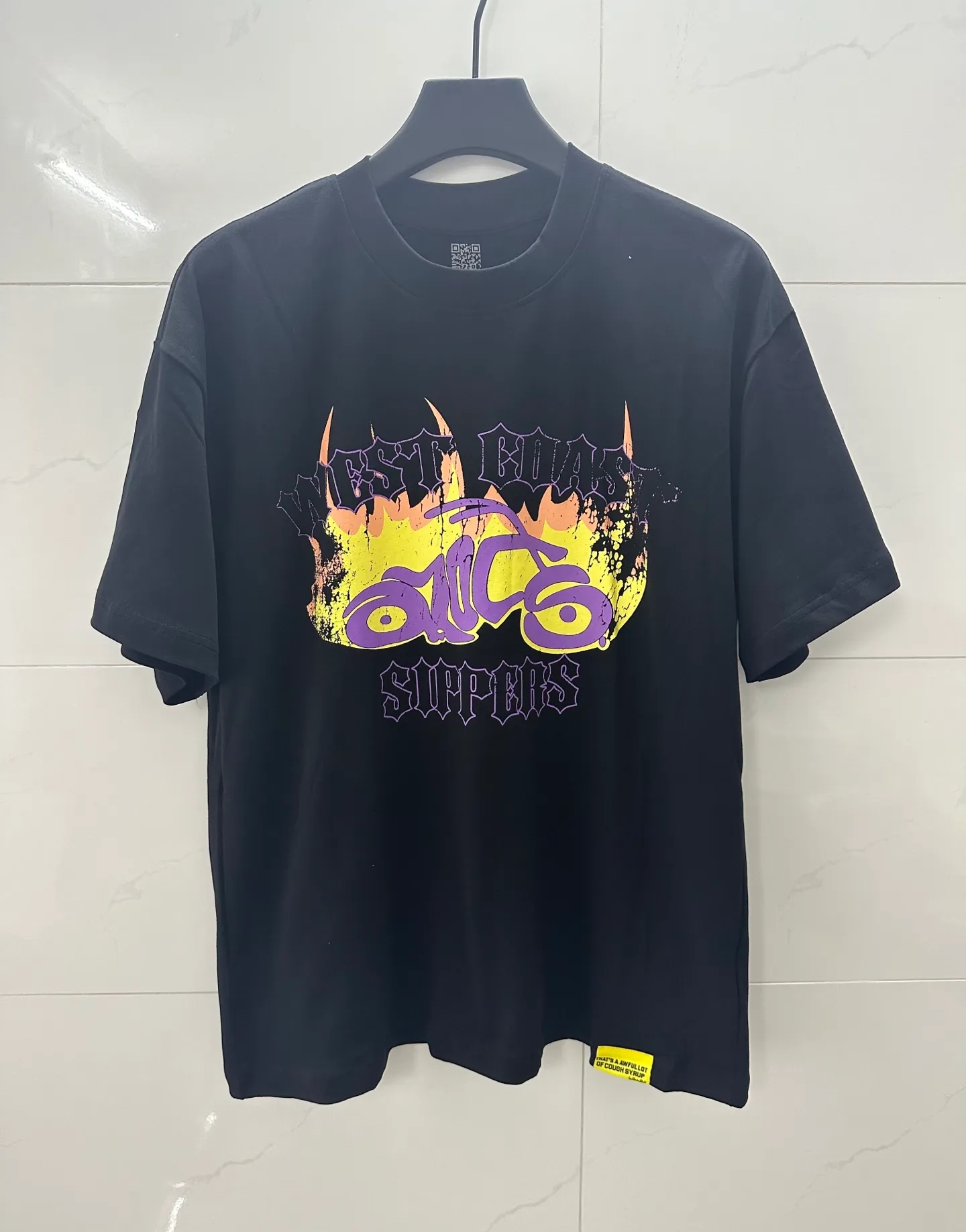 # - -purple I THAT'S A AWFUL LOT OF COUGH SYRUP In Stock Real shot American simple trendy brand loose casual T-shirt Fabric (fabric): 32 counts Weight combed double yarn pure cotton Sizes (size): S-M L X L Color (colour): Black-Green Black-Purple